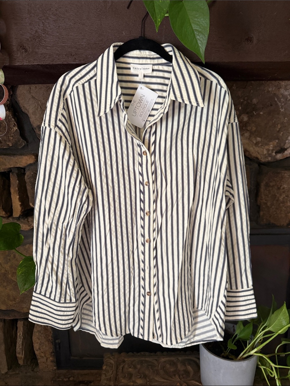 NWT entro Cream and Navy Striped Button-Up Shirt